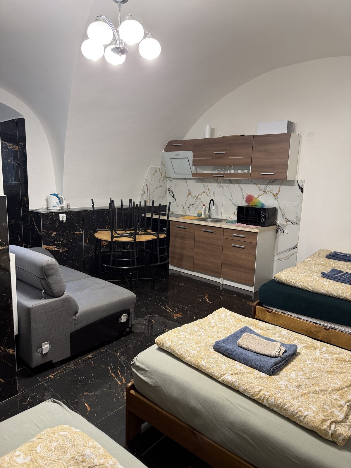 Studio Apartment: vaulted room with kitchenette, sofa and beds